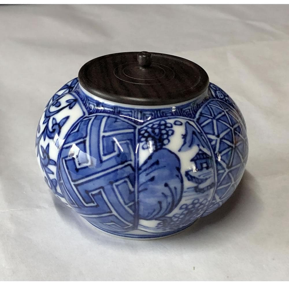 F916 平安 昭阿弥 祥瑞 阿古陀 茶器 共箱 高野昭阿弥 染付 茶入 茶道具