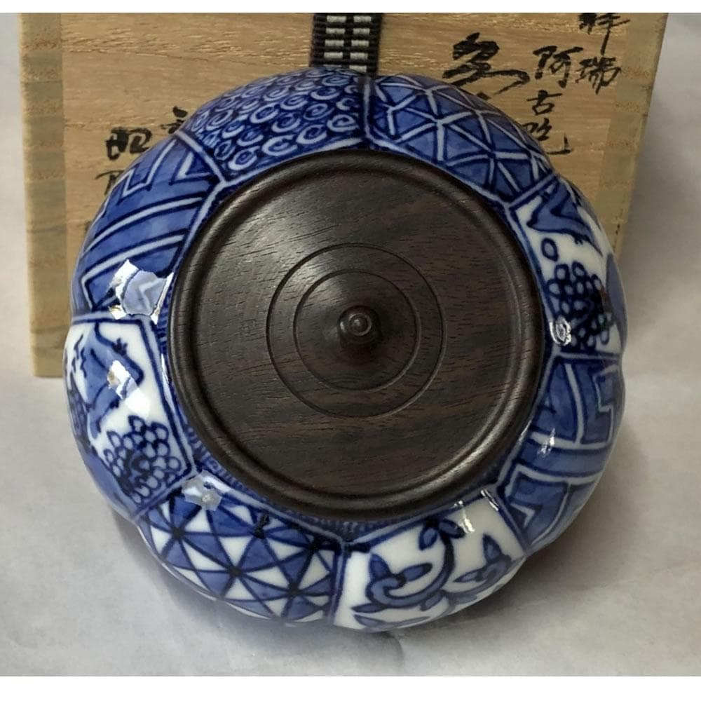 F916 平安 昭阿弥 祥瑞 阿古陀 茶器 共箱 高野昭阿弥 染付 茶入 茶道具