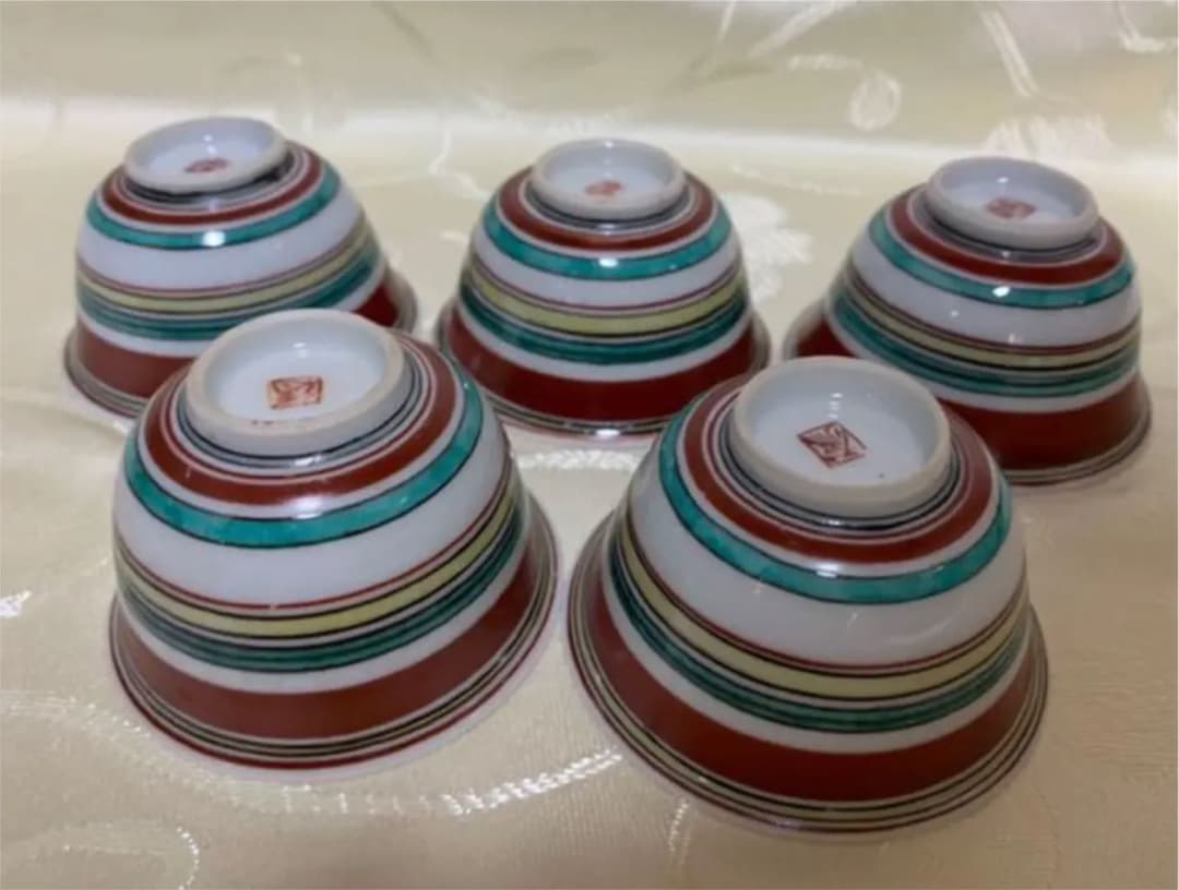 栄谷青泉窯　北出塔次郎　作　色繪筋文　汲出茶碗　5客