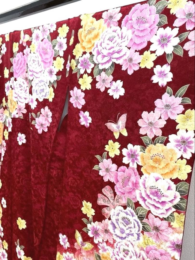 振袖 刺繍 銀彩 ストーン 牡丹 紋意匠 身丈169cm 撥水加工済