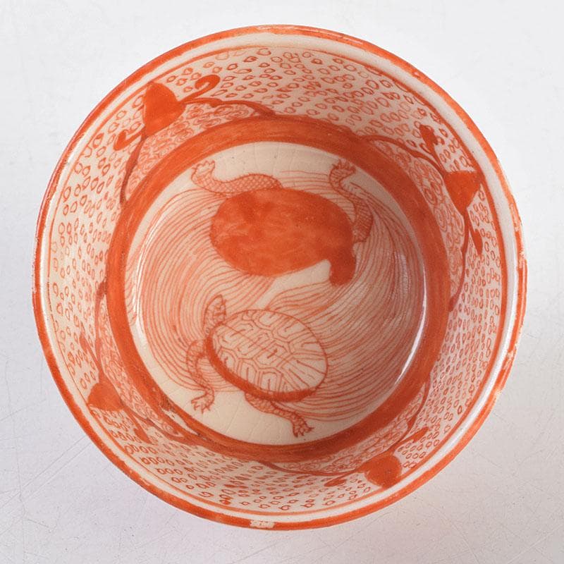 九谷焼　明治九谷八郎手　赤絵　亀文　盃　V　R9150