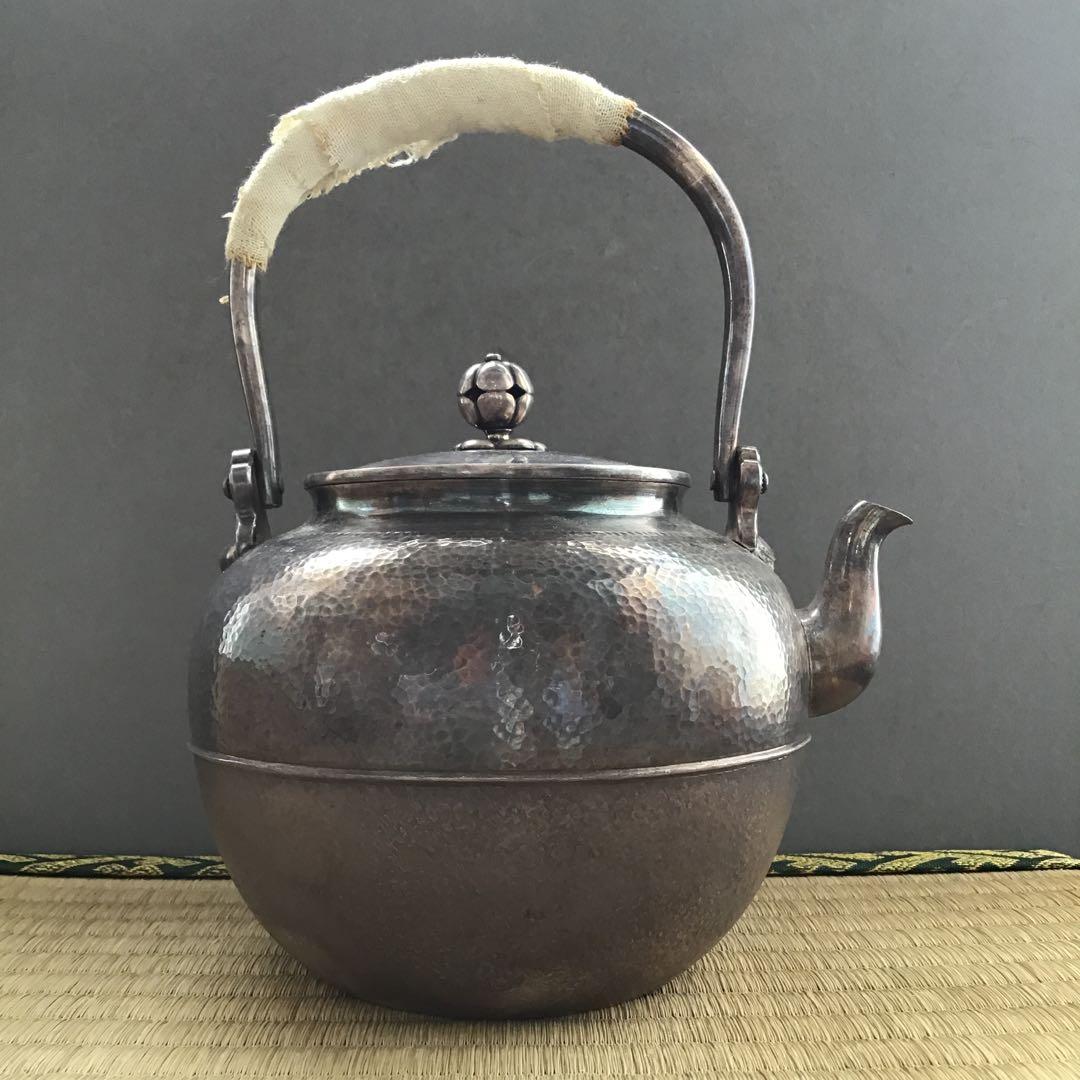 茶道具　湯沸　純銀望月形湯沸　目方百貮拾匁(約450g) 共箱　S218YW