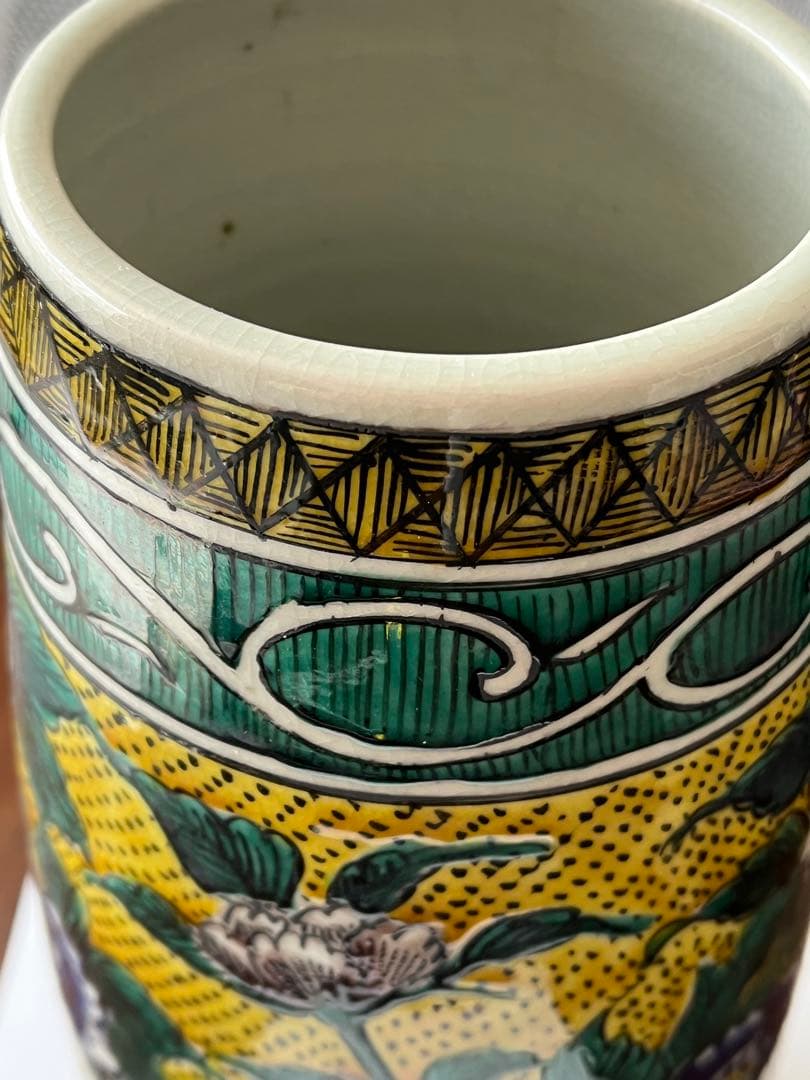 九谷焼　花瓶　手描き　骨董　角福　牡丹　花模様　美品