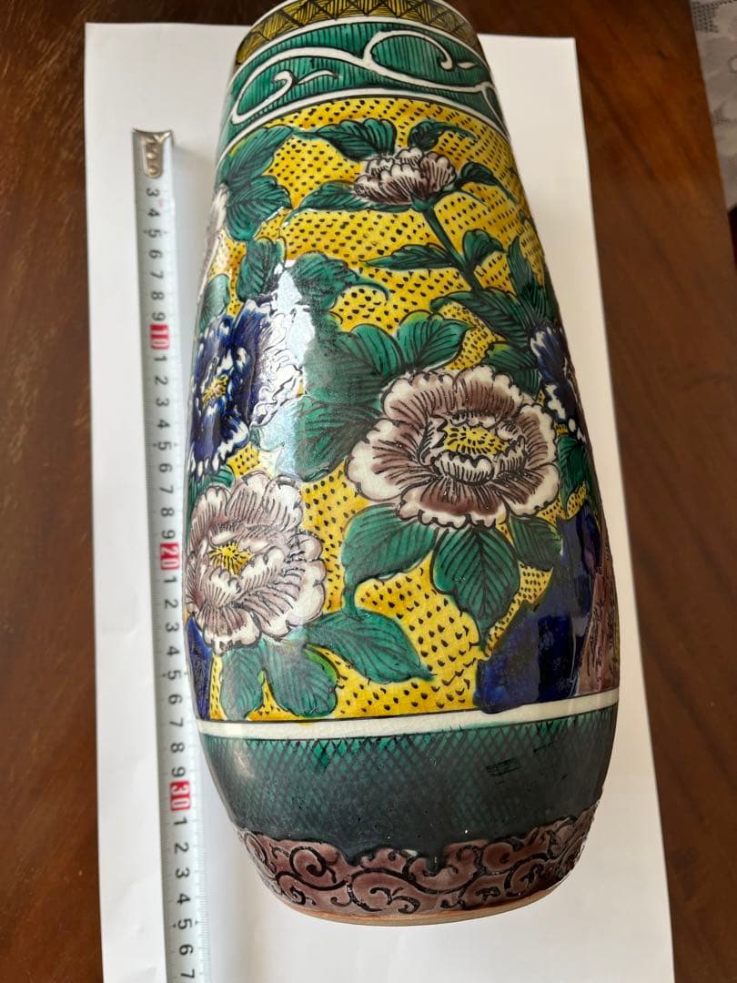 九谷焼　花瓶　手描き　骨董　角福　牡丹　花模様　美品