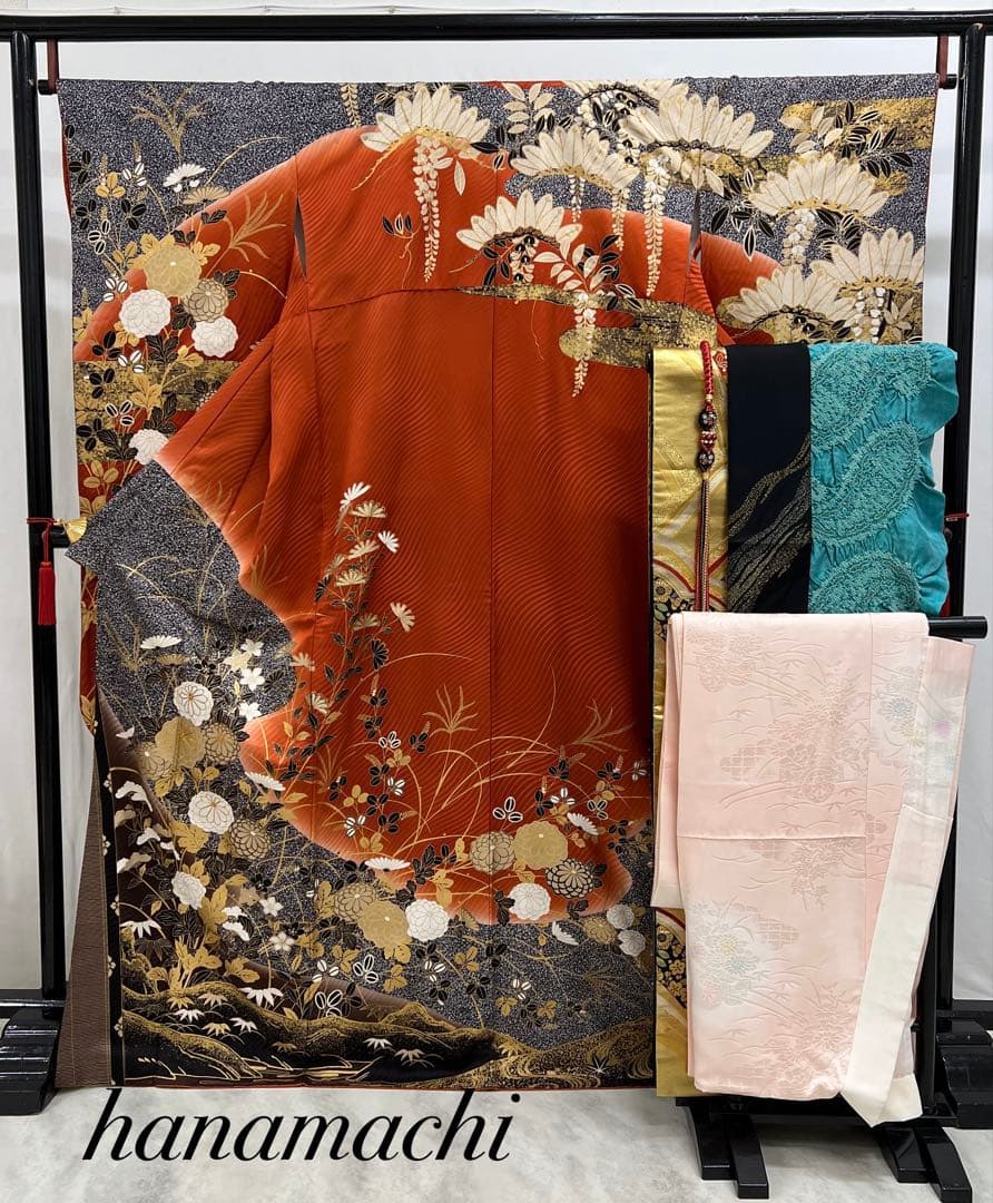 訳あり特価　振り袖　フルセット　金彩加工　刺繍入り　たたき染め　箔難あり626