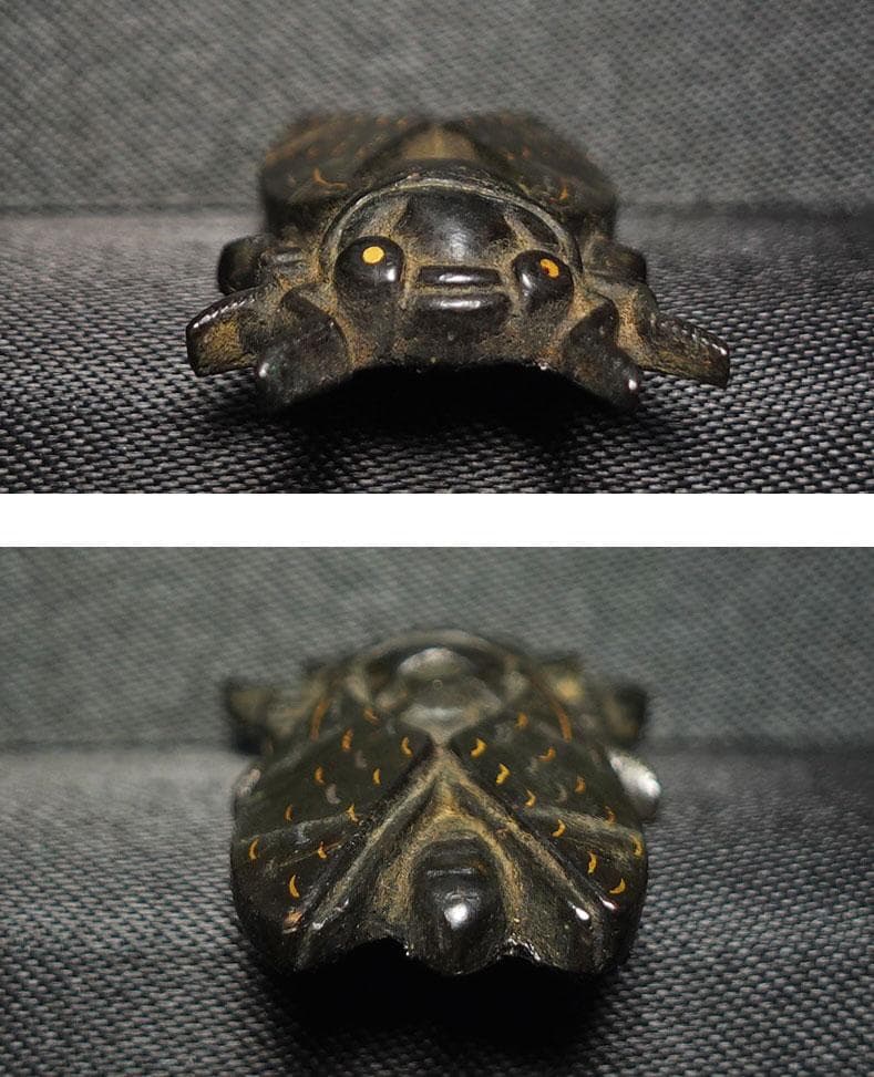 赤銅地容彫蝉図目貫　無銘　高肉彫　金銀象嵌　毛彫　再生復活　cicada　蝉時雨