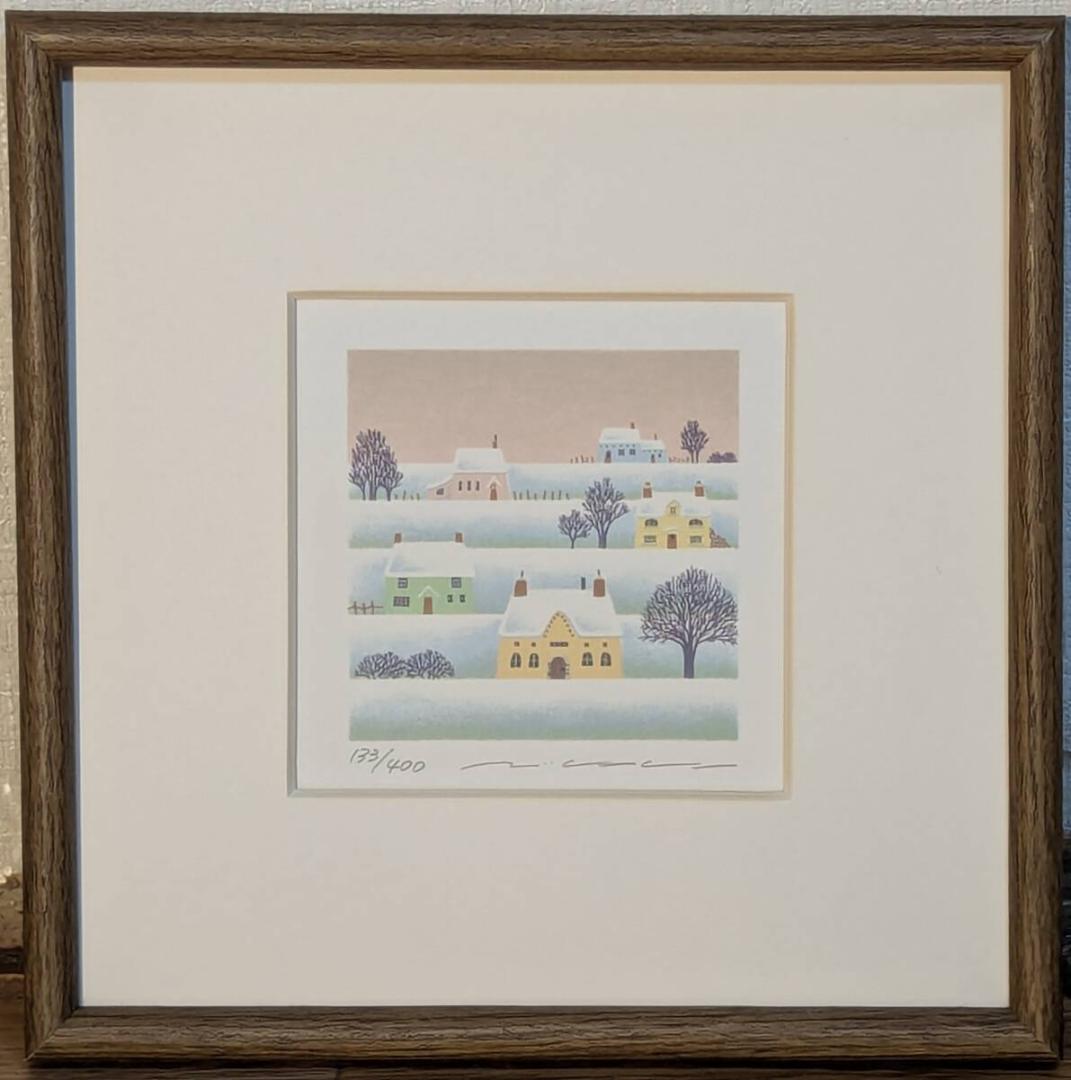【真作】版画　リトグラフ　冬の街並み　優しい色彩の静寂風景　アート額装　X133