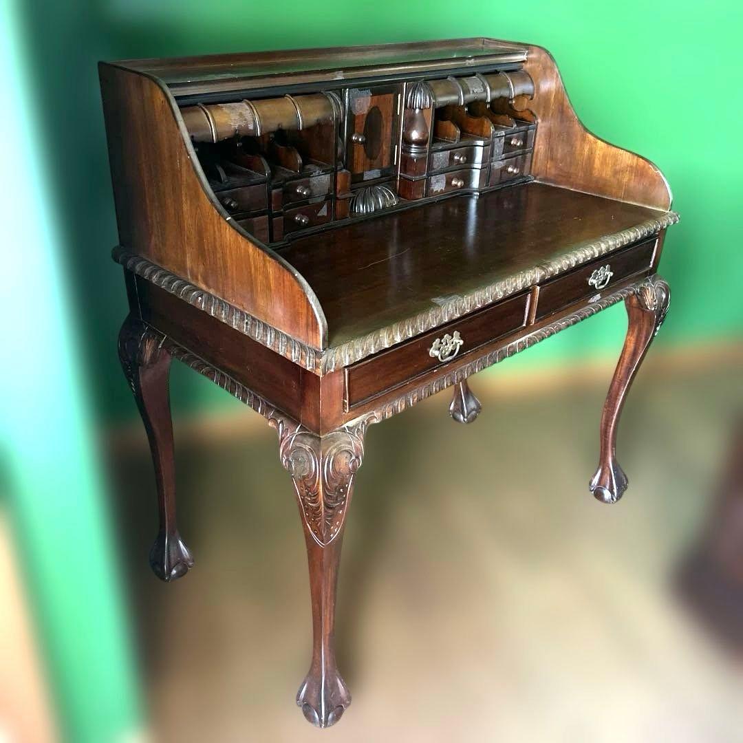 クラシック木製文机 引き出し2つ&小引き出し11、小扉1