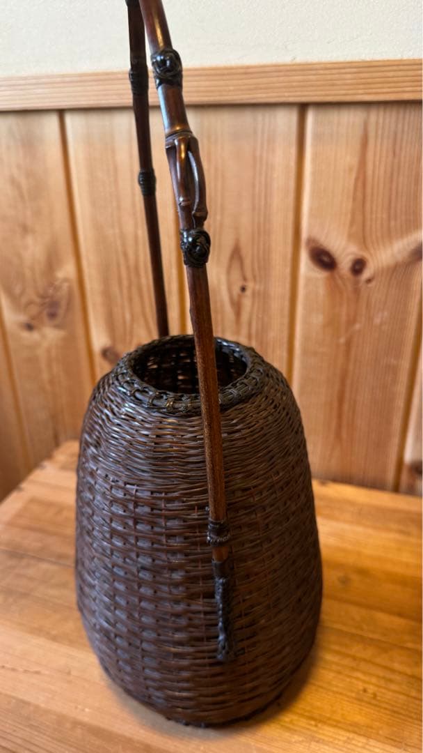 美品　籠　唐物　手付松葉籠　島田竹宝斎作　生花籠　箱付き　茶道具