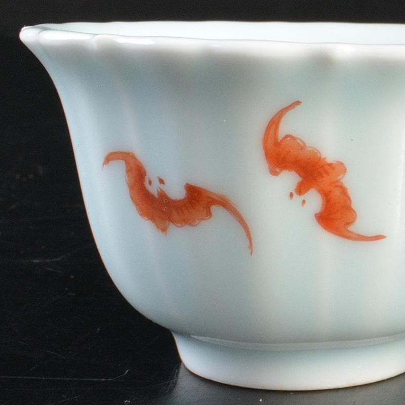中国　色絵　蝙蝠山水文　煎茶碗　五客　桐箱　M　R6397E