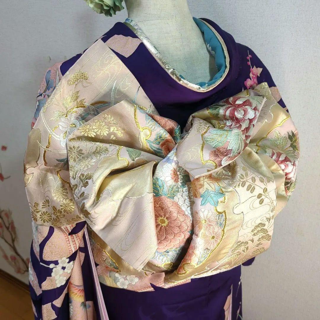 モダン 振袖フルセット 成人式 古典柄 型染め友禅 ９種セット正絹 紫 裄丈68