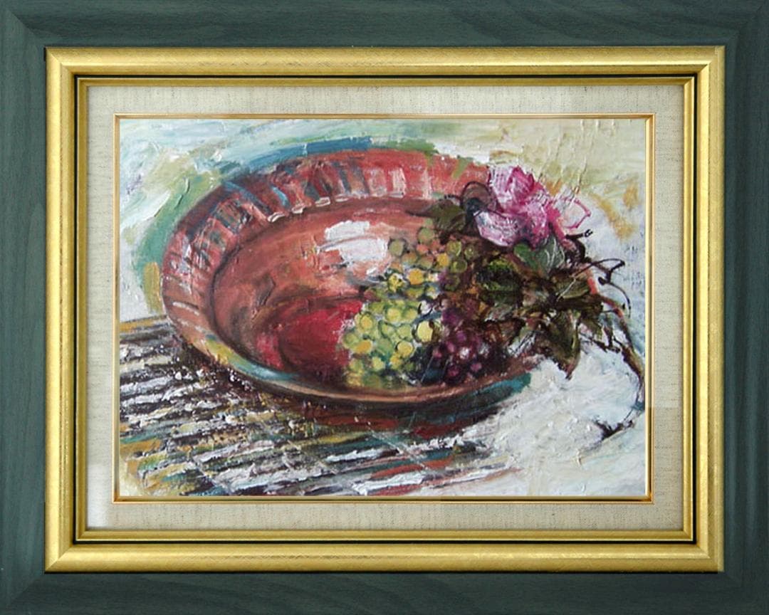 油絵 菅家令子 絵画インテリア 額付(黒) F4-110502 静物 フルーツ