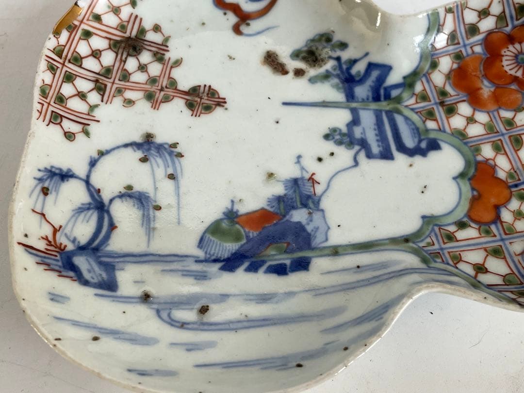 #1 骨董　アンティーク　色絵古九谷　色絵山水文瓢形向付　変形皿　古九谷