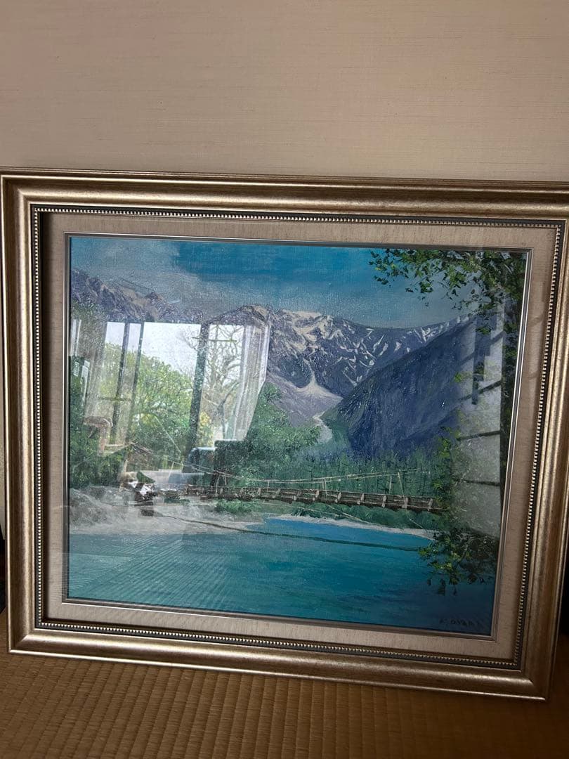 山と川の風景 油彩画 シルバーフレーム　上高地