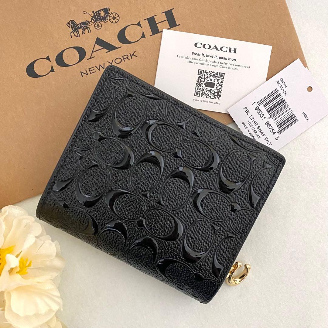 新品　正規品☆COACH コーチ　折り財布　ブラック　エナメル　二つ折り財布