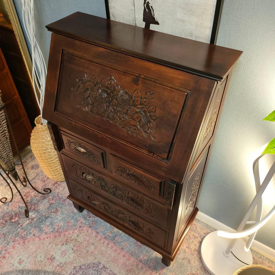 花彫刻 ライティングビューロー デスク アンティーク調アジアン家具