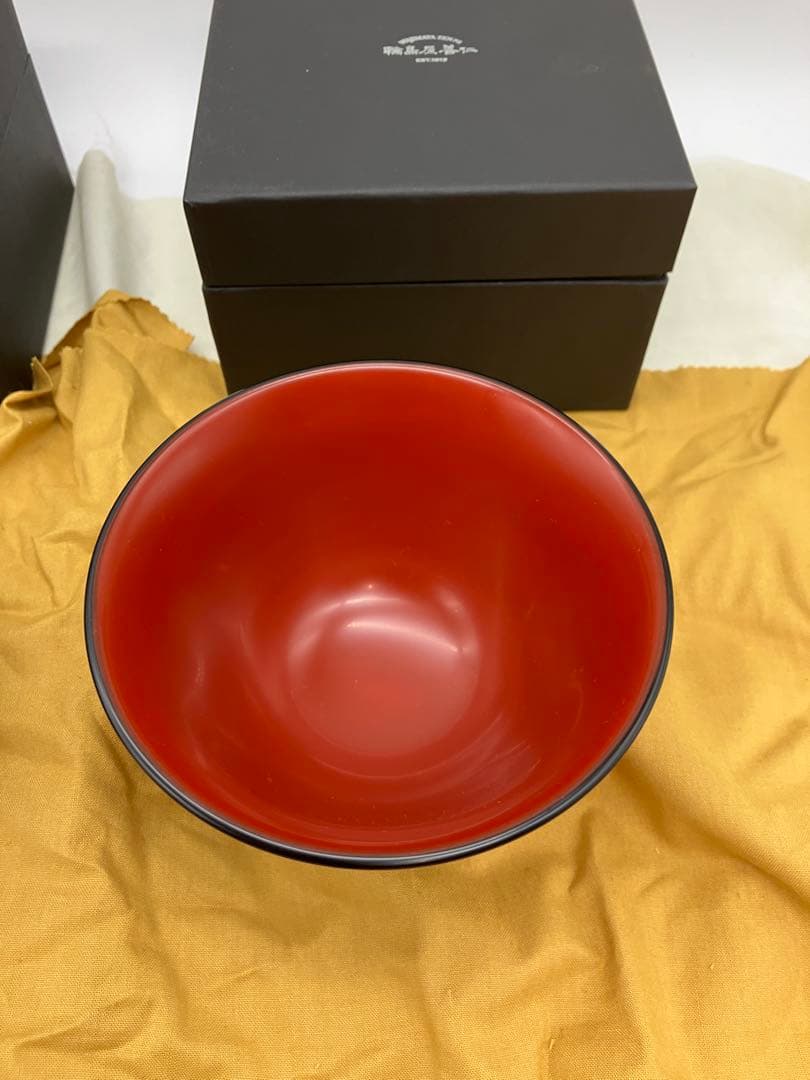 未使用輪島屋善仁 眉間寺椀　福々椀 溜内黒塗 洗朱塗 二客 輪島塗　製品登録書有