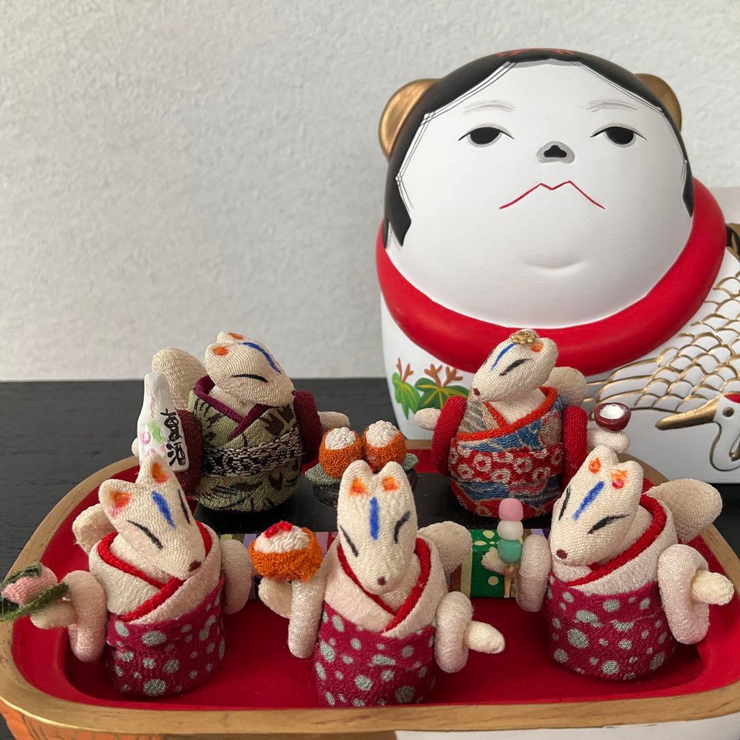 キツネのお雛様　ミニ雛 創作縮緬人形　ひな祭り　 犬筥