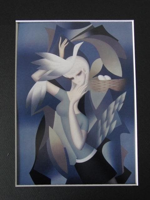 東郷青児、鳥と少女、希少な大判額装用画集より、新品高級額装付、状態良好