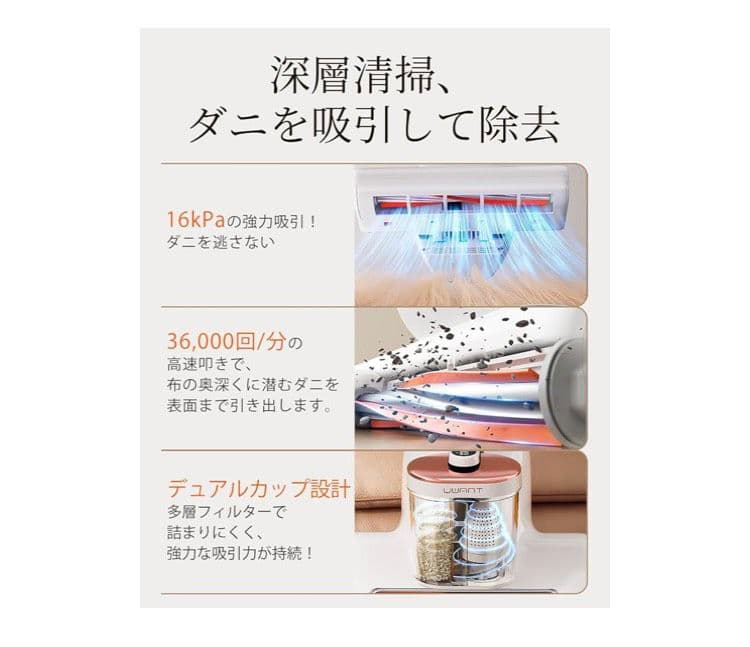新品　布団クリーナー 16Kpaの強力な吸引力 毎分36,000　布団掃除機
