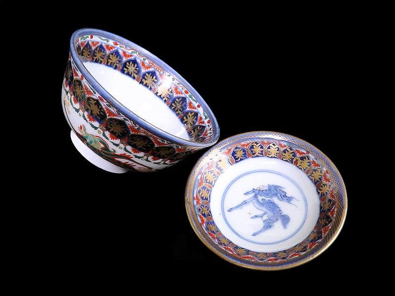 古伊万里　金襴手　瓔珞紋に龍の図　大振蓋茶碗　文政6年　D821AS-CIt