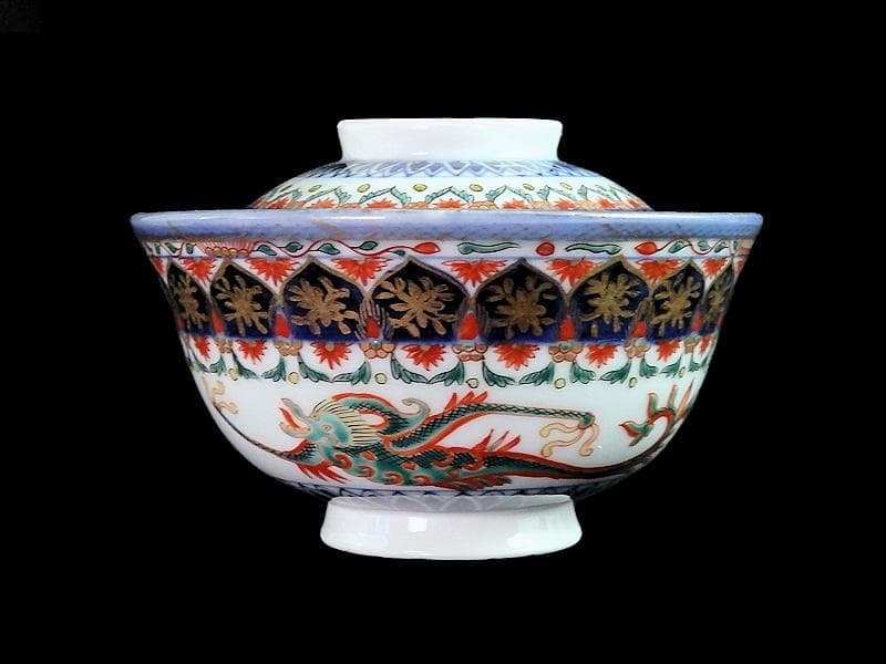 古伊万里　金襴手　瓔珞紋に龍の図　大振蓋茶碗　文政6年　D821AS-CIt