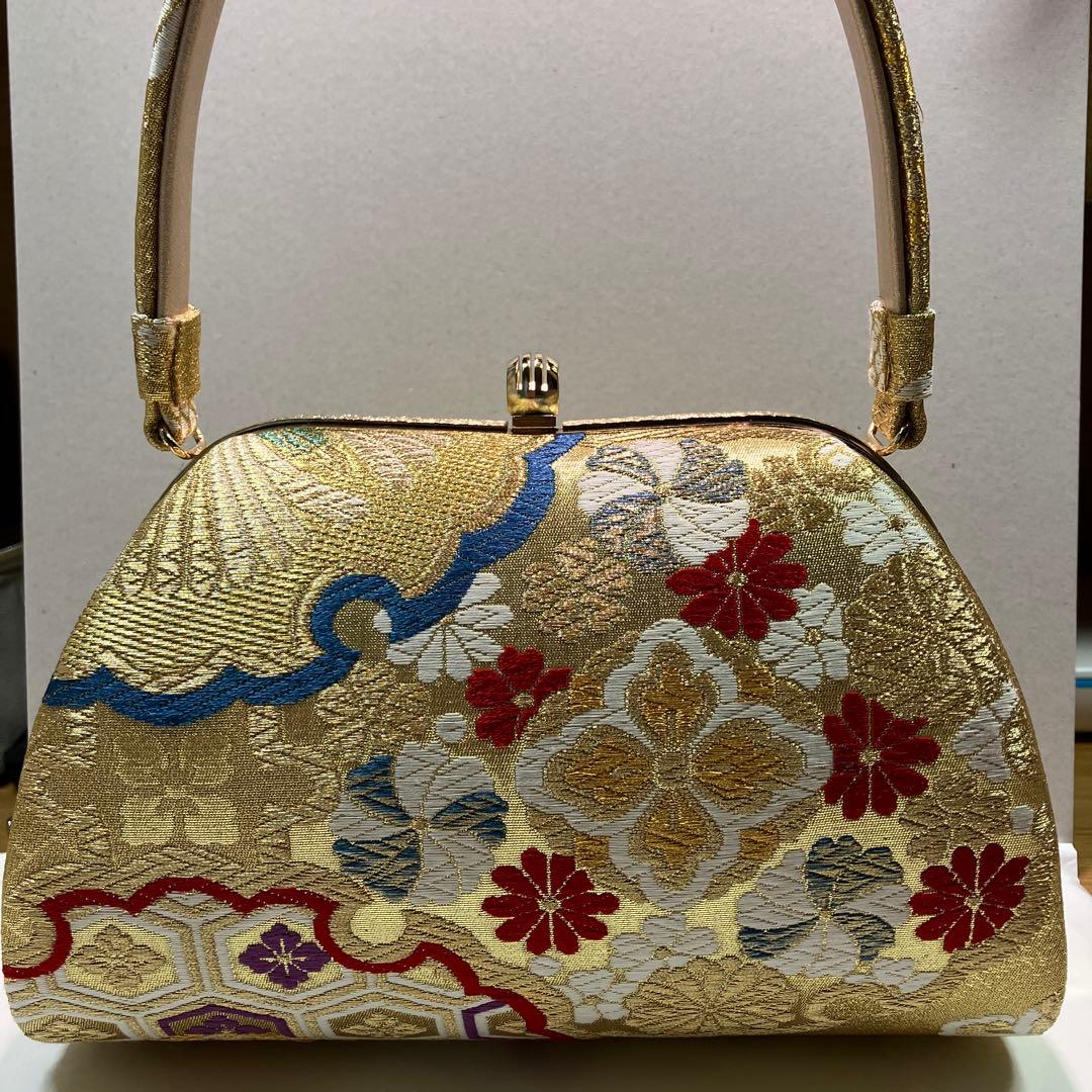 沙織　成人式バッグ 草履セット　金色 花柄刺繍