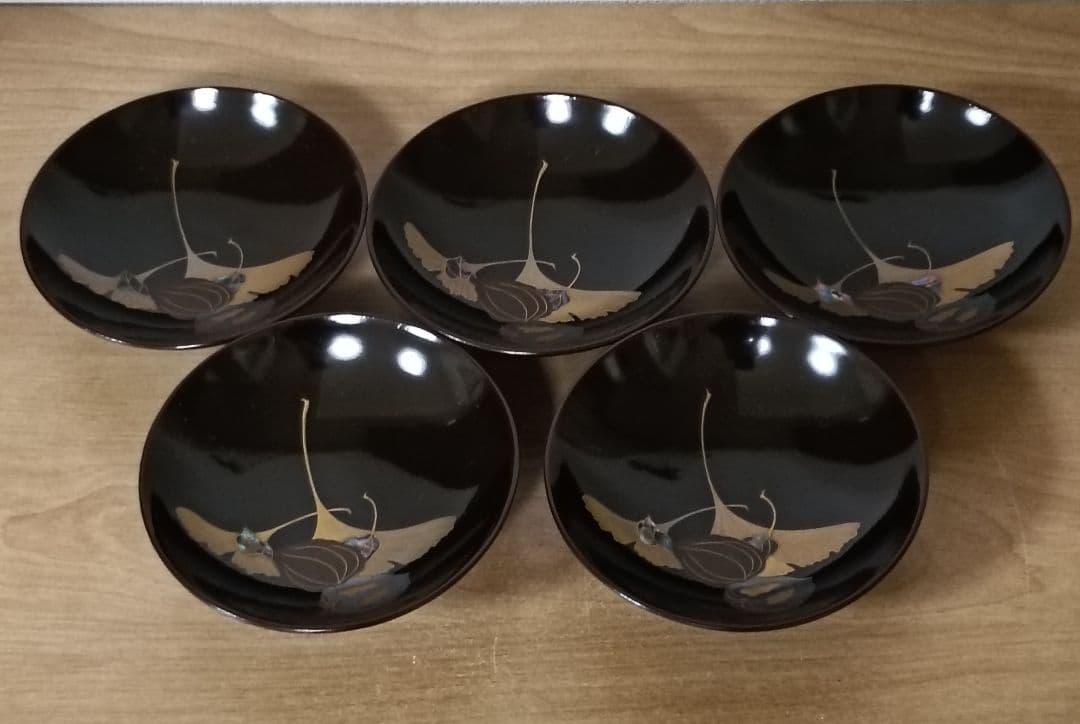 金彩銀杏に胡桃漆椀　5客揃い　汁椀