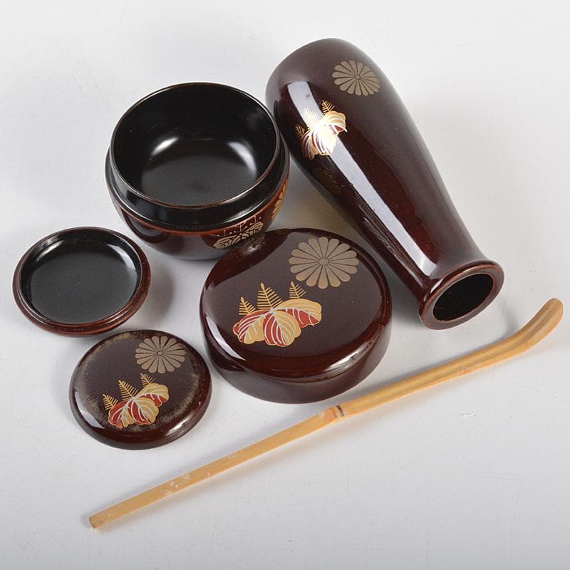 茶道具　利休茶箱　色絵花文茶碗　菊桐蒔絵棗など　七点　一式　V　R7103