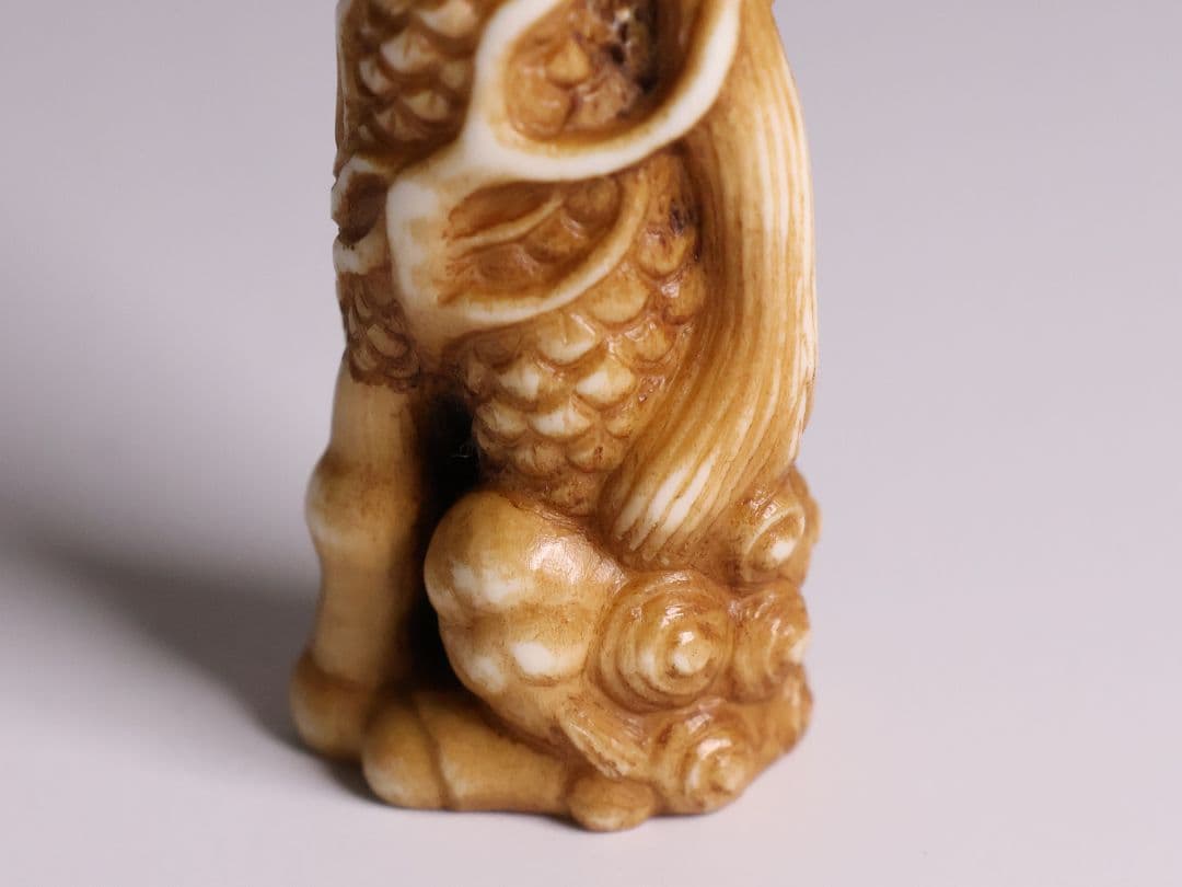 時代 堤物 根付 置物 鹿角 麒麟 全長7.6cm 神獣 彫刻【CM258】