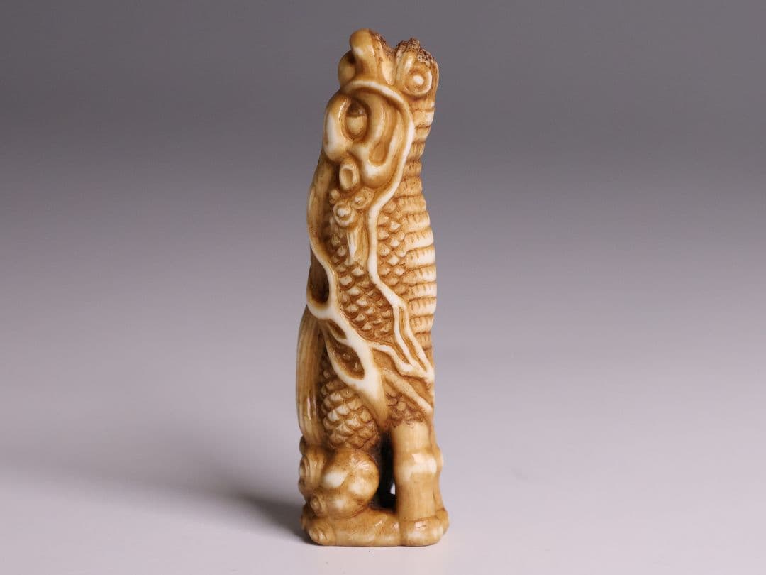 時代 堤物 根付 置物 鹿角 麒麟 全長7.6cm 神獣 彫刻【CM258】