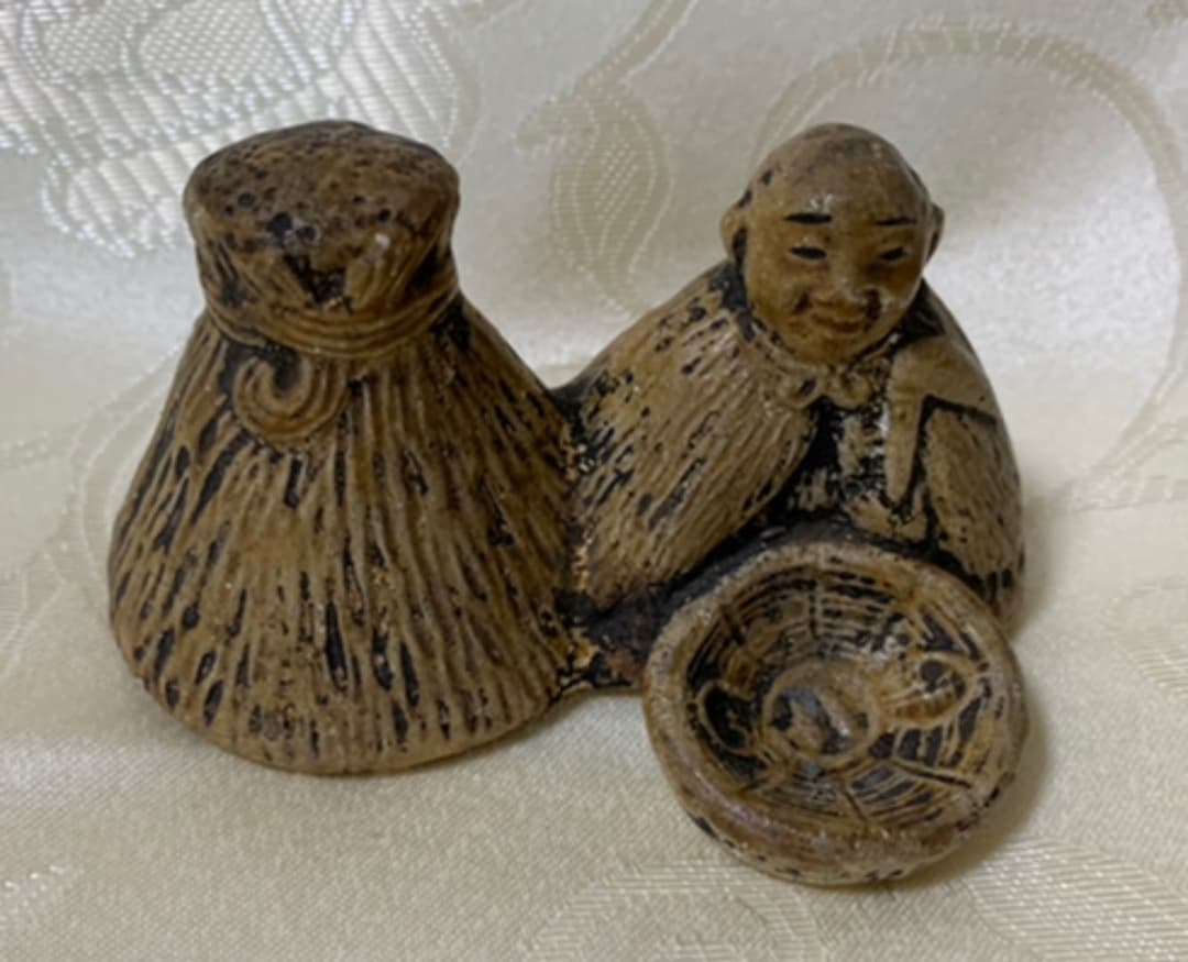 水戸　偕楽焼　農人形　在印　年代物