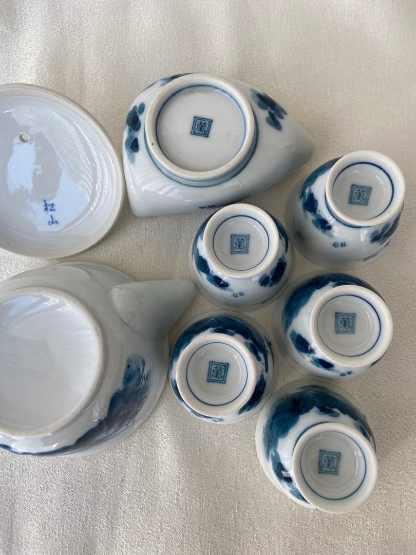 畑萬陶苑 畑萬作 角萬印 染付山水絵 茶器セット 玉露茶器 煎茶器 松山窯