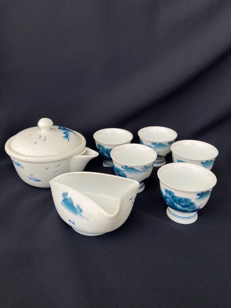 畑萬陶苑 畑萬作 角萬印 染付山水絵 茶器セット 玉露茶器 煎茶器 松山窯