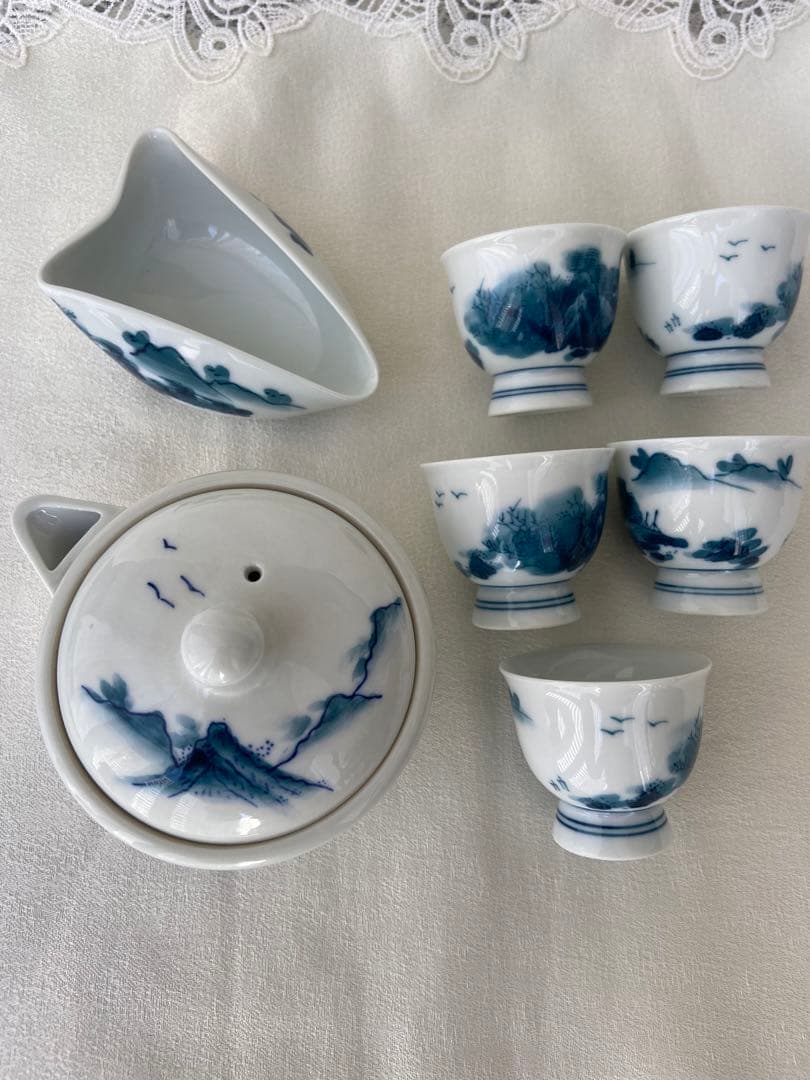 畑萬陶苑 畑萬作 角萬印 染付山水絵 茶器セット 玉露茶器 煎茶器 松山窯