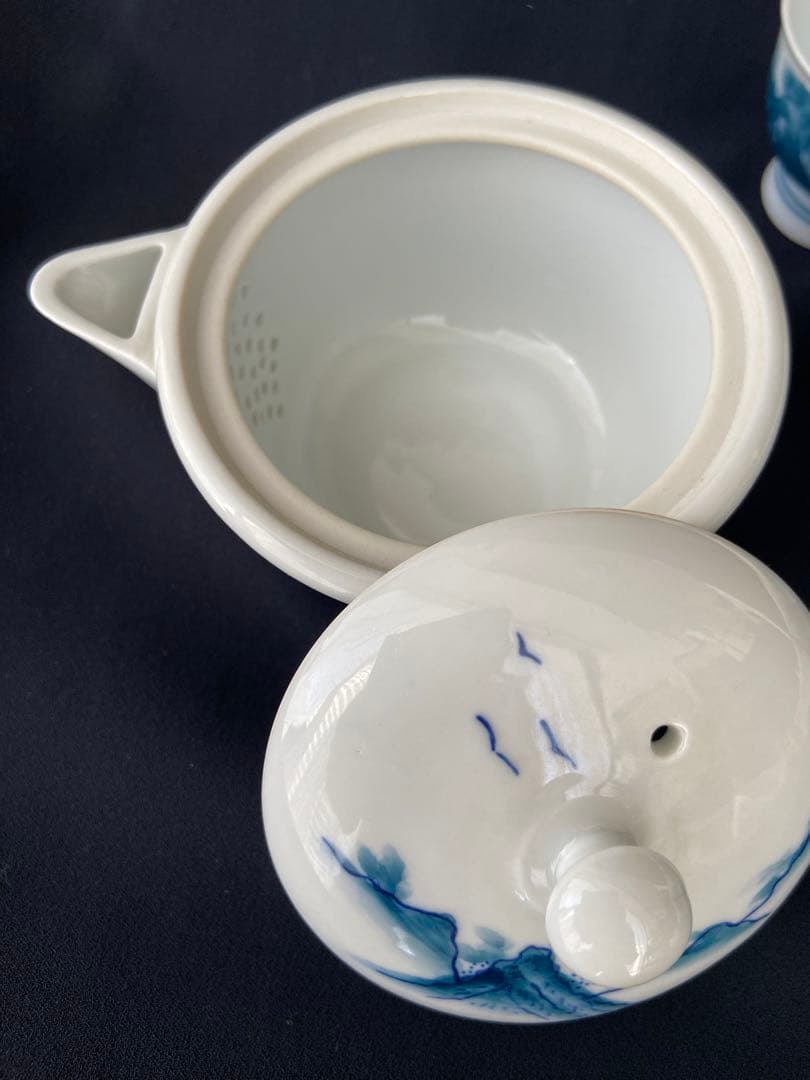 畑萬陶苑 畑萬作 角萬印 染付山水絵 茶器セット 玉露茶器 煎茶器 松山窯