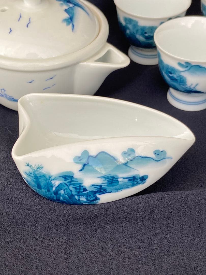 畑萬陶苑 畑萬作 角萬印 染付山水絵 茶器セット 玉露茶器 煎茶器 松山窯