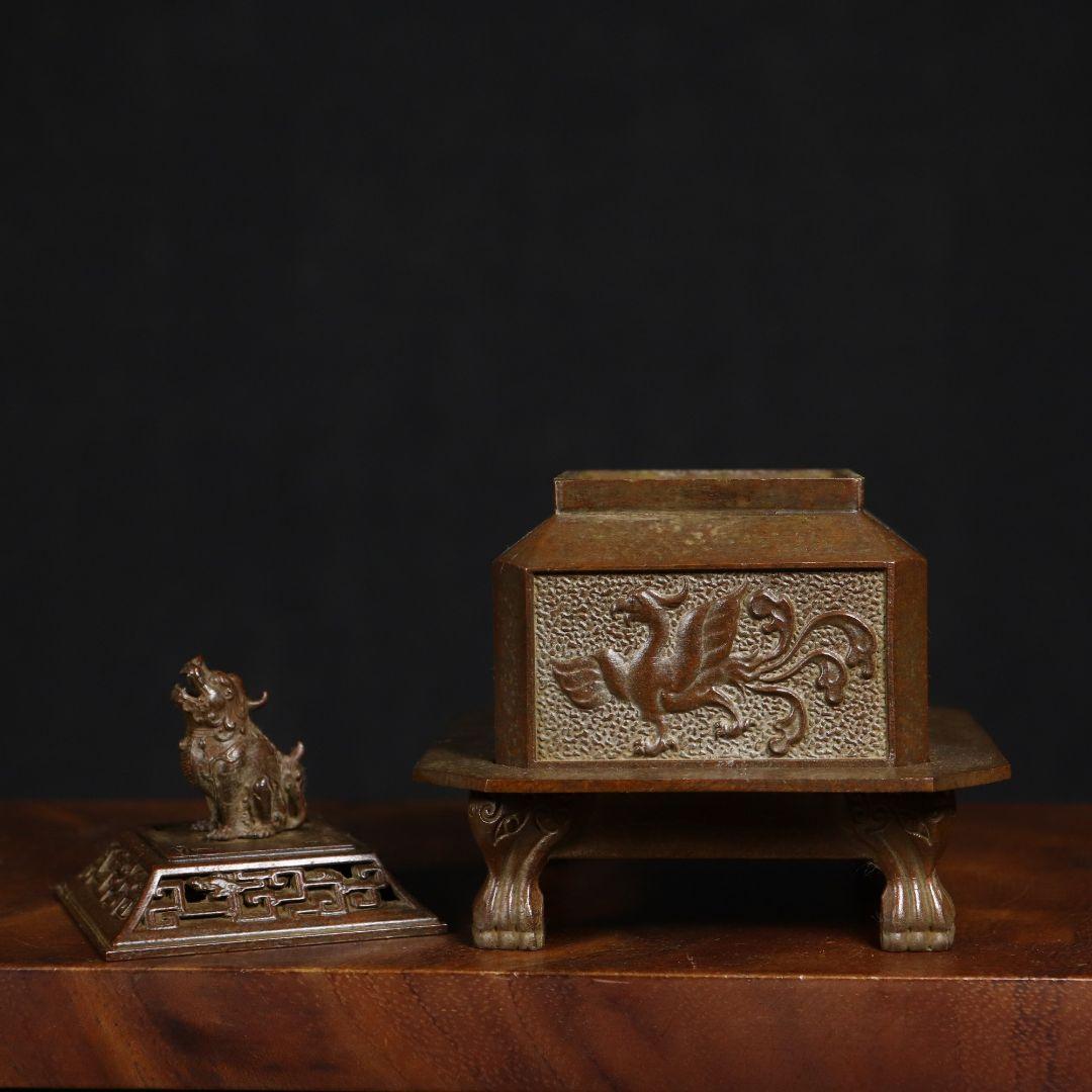 浮彫方香炉 透かし彫り四大神獣炉 獣蓋三体炉 浄化炉 香具 装飾品 工芸品 置物