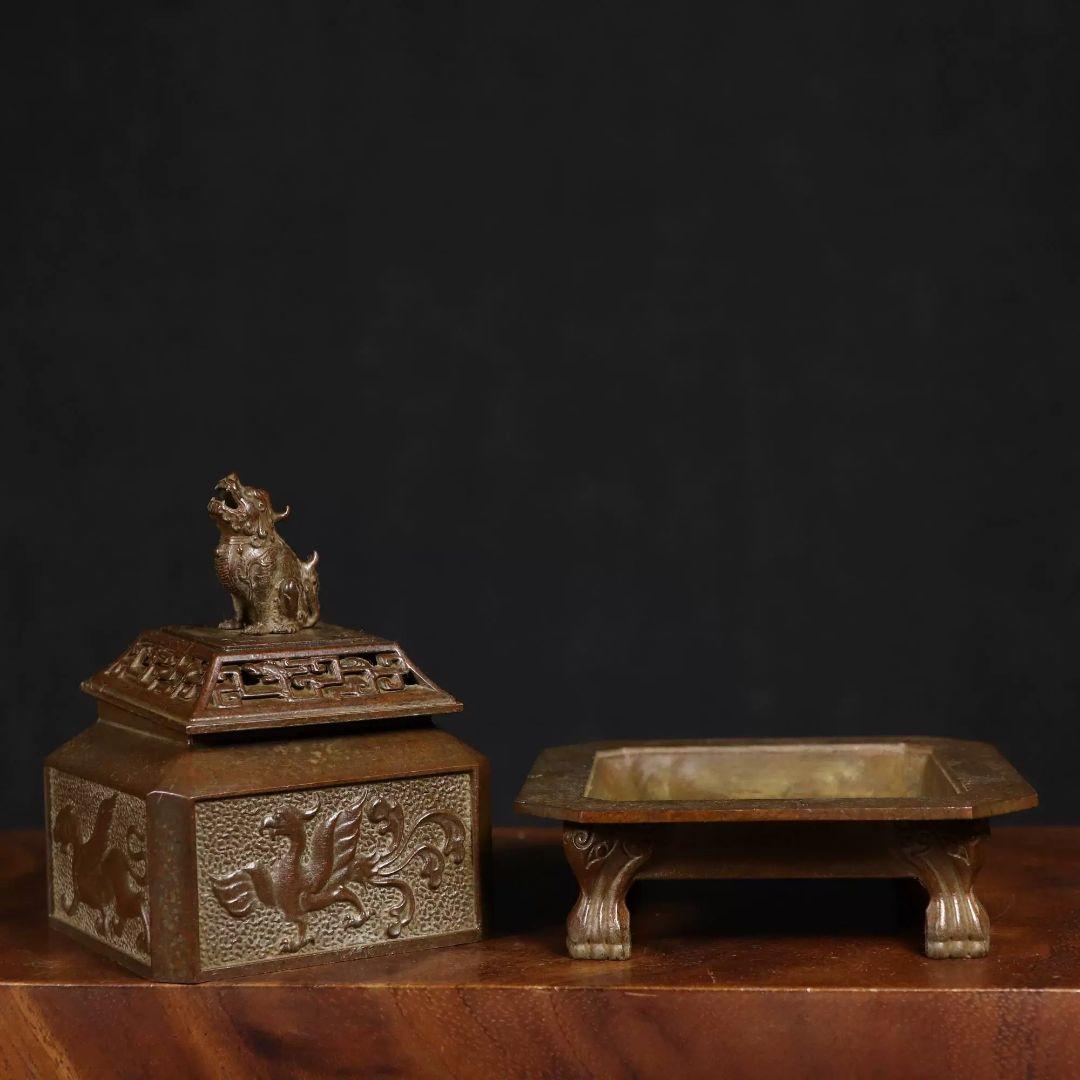 浮彫方香炉 透かし彫り四大神獣炉 獣蓋三体炉 浄化炉 香具 装飾品 工芸品 置物