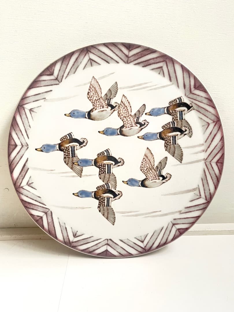 影山明志 陶板 色絵 水鳥飛翔紋 色絵 鳥紋 25.5㎝