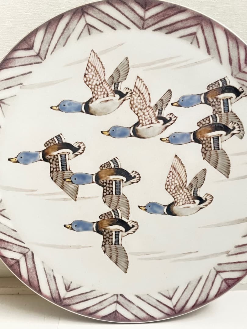 影山明志 陶板 色絵 水鳥飛翔紋 色絵 鳥紋 25.5㎝