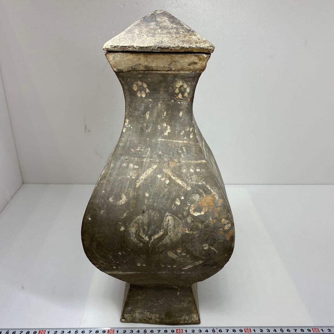 中国漢時代　灰陶加彩方壷　共箱　高さ43㎝　タカサニ　東な7-0301①