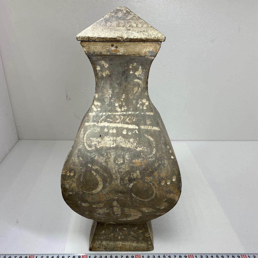 中国漢時代　灰陶加彩方壷　共箱　高さ43㎝　タカサニ　東な7-0301①