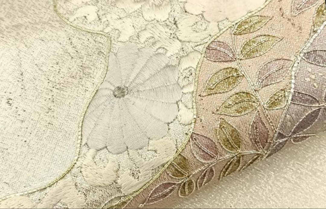 振袖 フルセット５点特価　サイズM正絹　 扇子花文　刺繍西陣袋帯