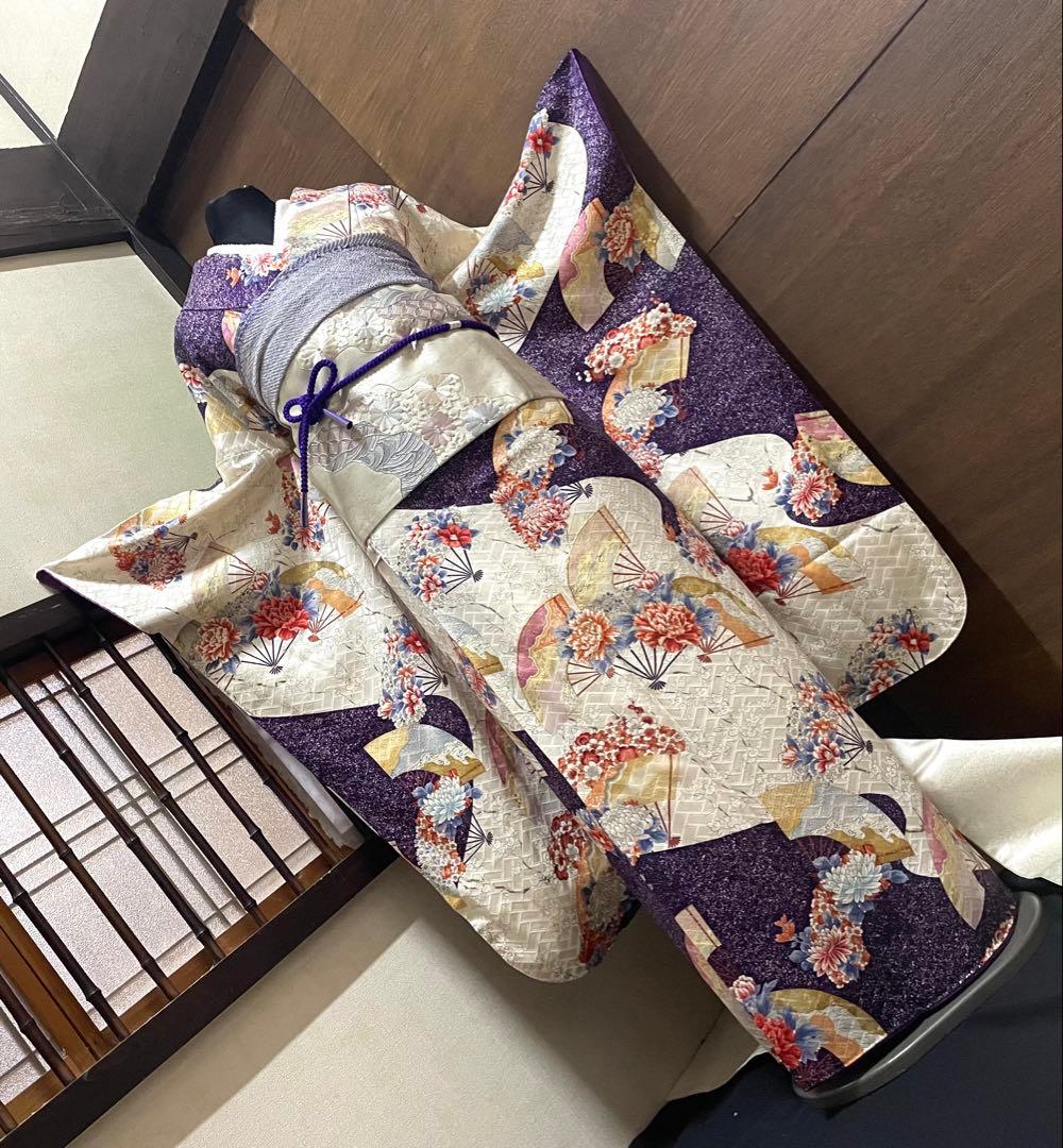 振袖 フルセット５点特価　サイズM正絹　 扇子花文　刺繍西陣袋帯