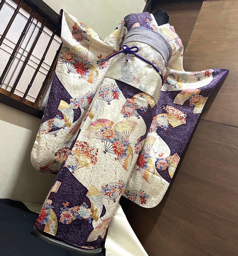 振袖 フルセット５点特価　サイズM正絹　 扇子花文　刺繍西陣袋帯