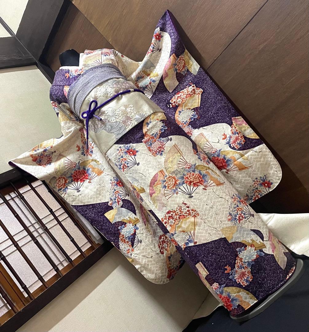 振袖 フルセット５点特価　サイズM正絹　 扇子花文　刺繍西陣袋帯