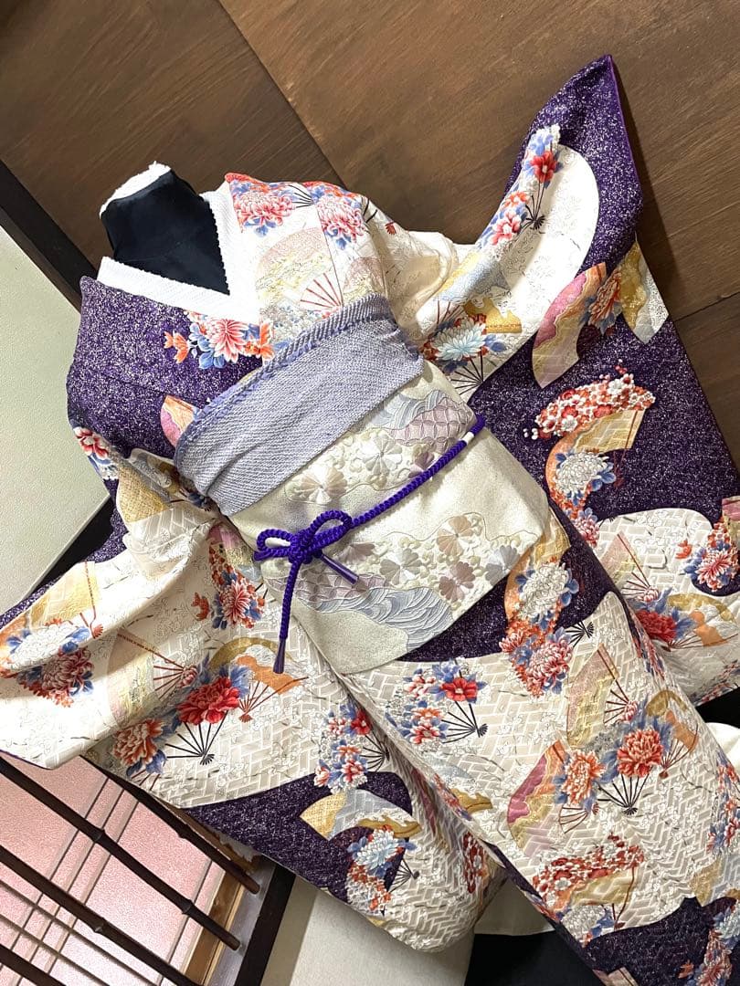 振袖 フルセット５点特価　サイズM正絹　 扇子花文　刺繍西陣袋帯