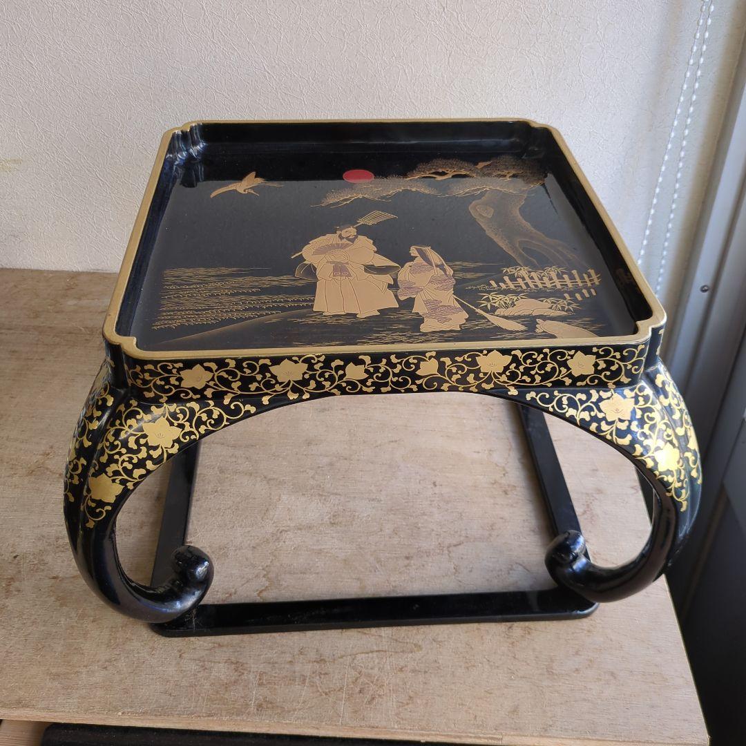 骨董 お膳 蒔絵 猫脚 高脚 木製 漆器 縁起柄 鶴亀 膳 台 飾り台 豪華