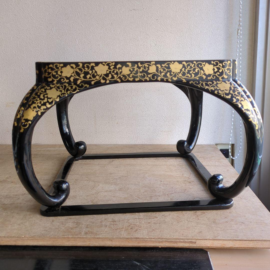 骨董 お膳 蒔絵 猫脚 高脚 木製 漆器 縁起柄 鶴亀 膳 台 飾り台 豪華